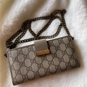 Gucci GG Taupe Coated Canvas Leather With Bronze Chain Long Wallet Authentic